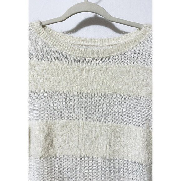 LOFT Womens Large Striped Sequin Eyelash Knit Sweater Ivory White Wool Boho - Picture 4 of 8